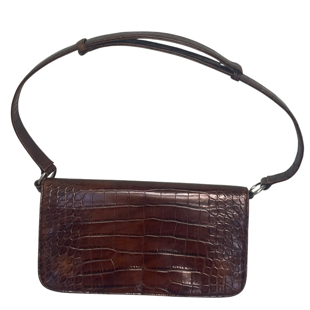 Johnny Farah Brown Croc‎ Embossed Leather Shoulder Handbag Satchel Adjustable